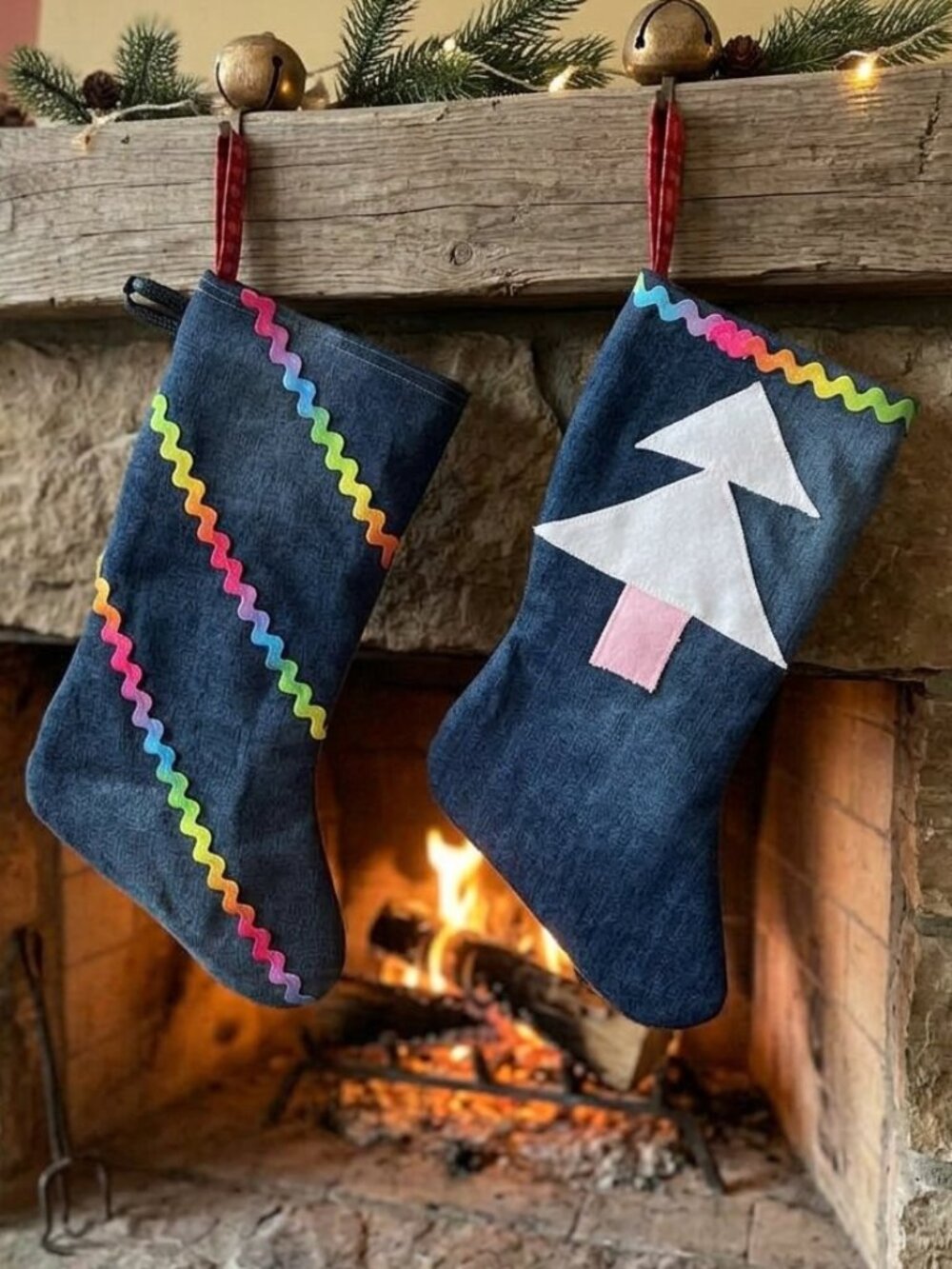 Handmade Christmas Festive Stockings From Upcycled Denim Jeans Rustic Decor